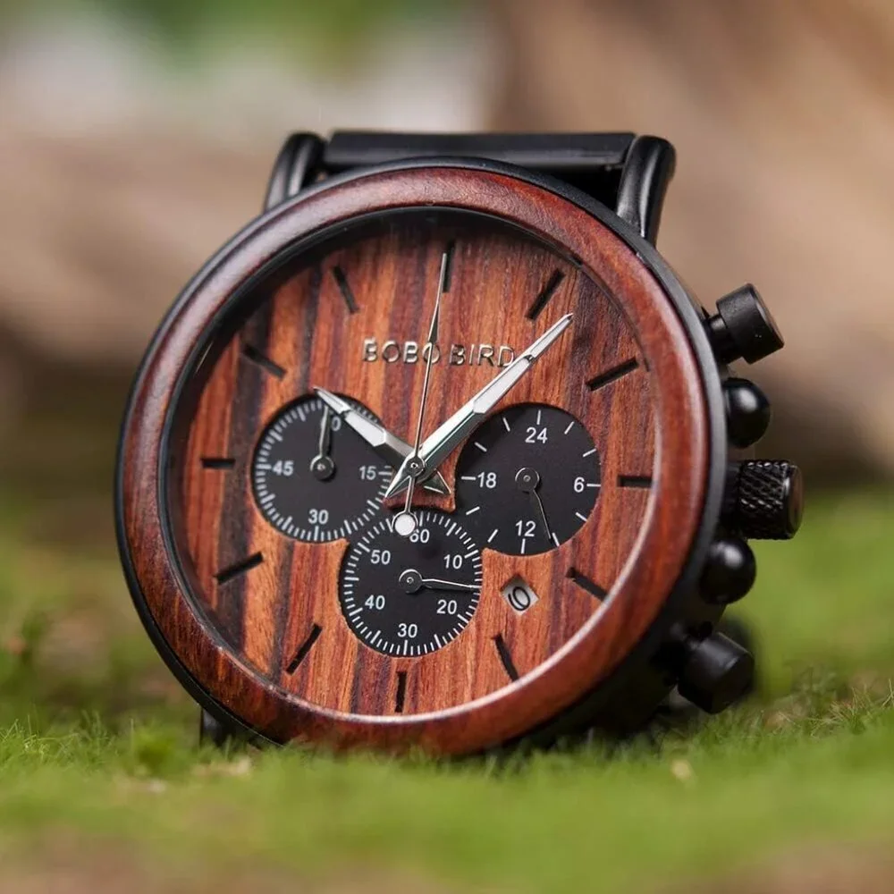 🆕Bobo Bird Quartz Men Red Wood & Stainless Steel Combined Chronograph Watches